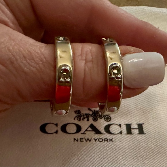 Coach Gold Pegged Signature C Faux Pearl Crystal Hoop Earrings - Picture 3 of 8